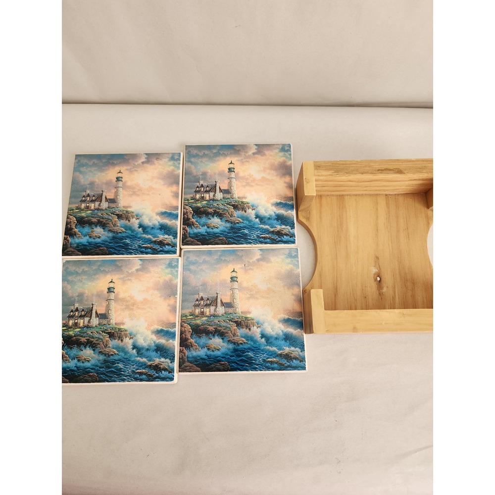 Thomas Kinkade The Light of Peace Ceramic Coaster Set of 4 with Wood Holder